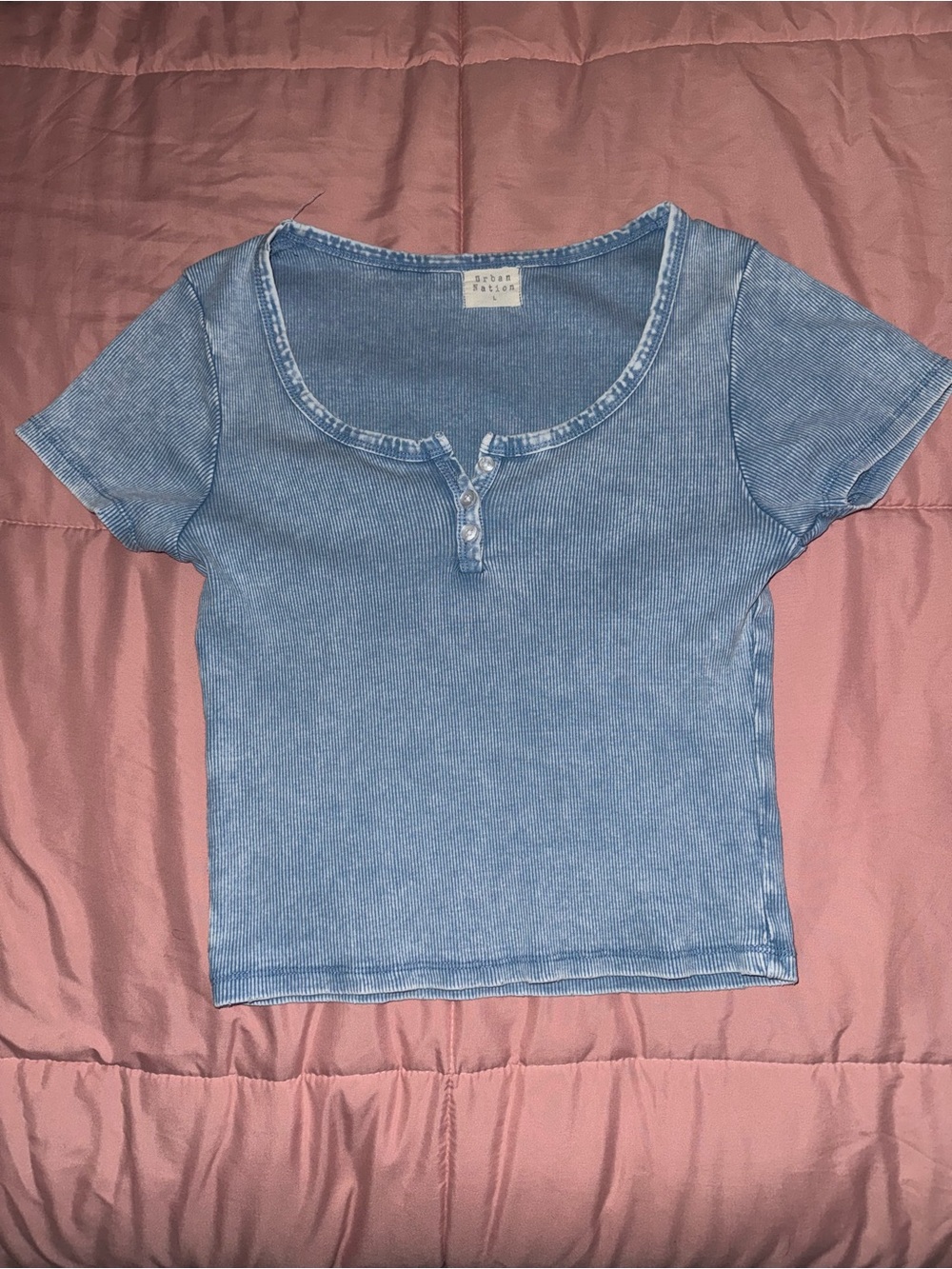 Basic Ribbed Henley Crop Top - Light Blue